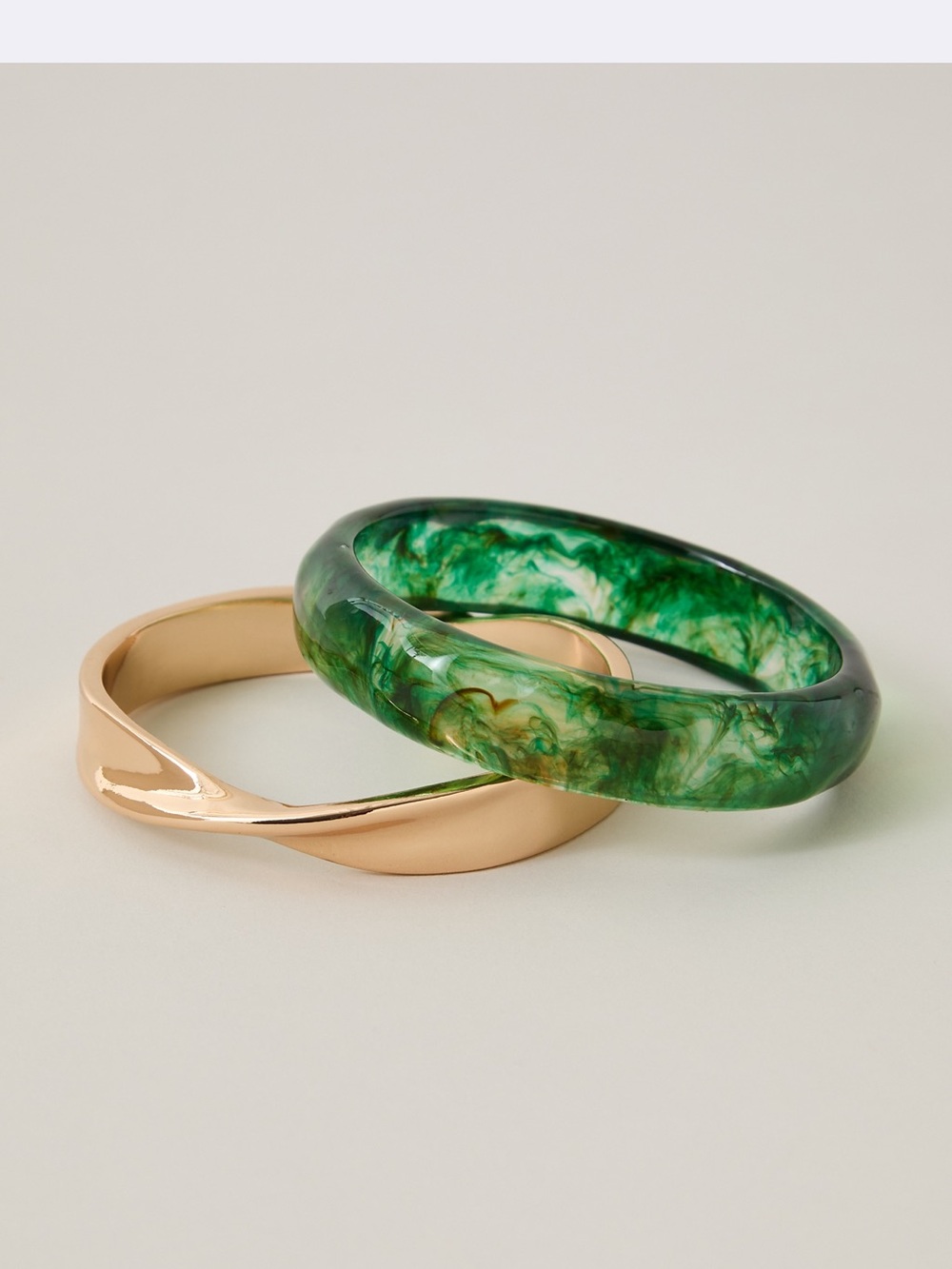 Green Marbled Resin Bangle with Gold-Tone Twist Bracelet Set